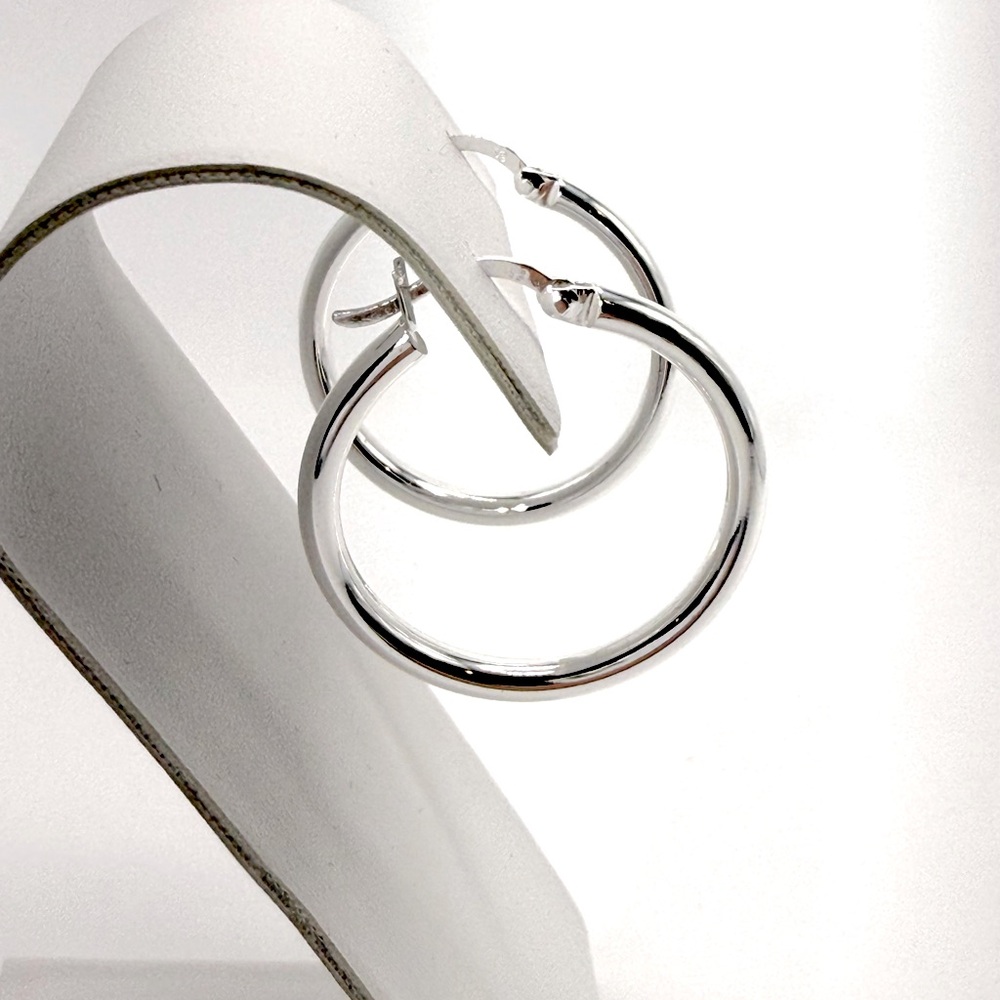 .925 Sterling Silver 3mm x 30mm Tube Hoop Earrings - Picture 4 of 13
